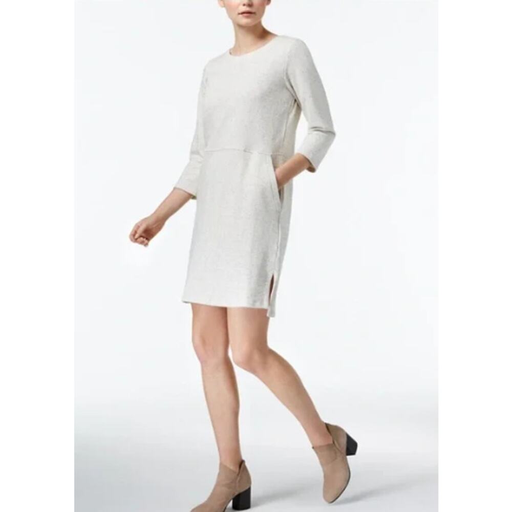 Eileen Fisher Organic Cotton 3/4 Sleeve Shift Dress XXS White Gray